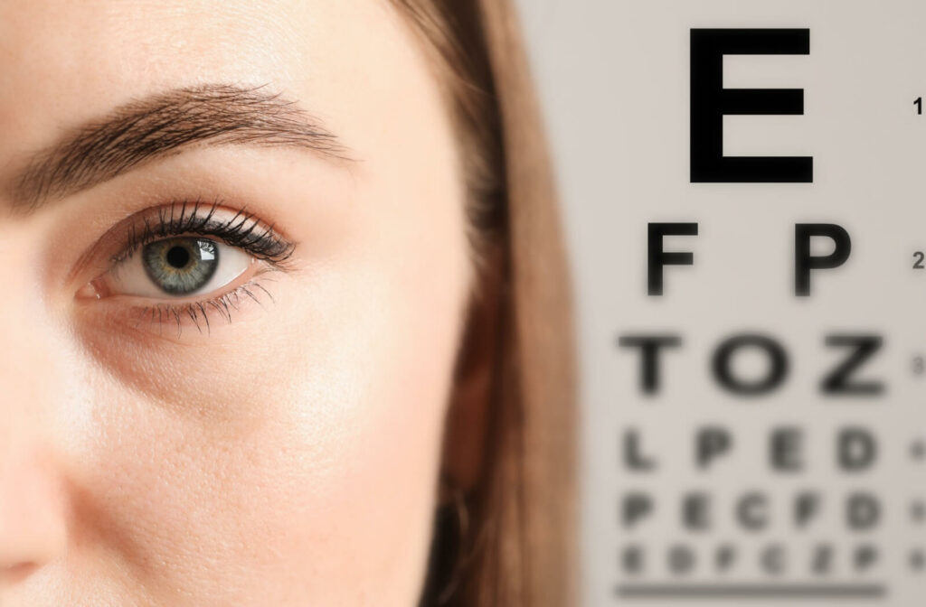 Close-up of a woman’s eye with a Snellen eye chart in the background, showing vision testing letters.