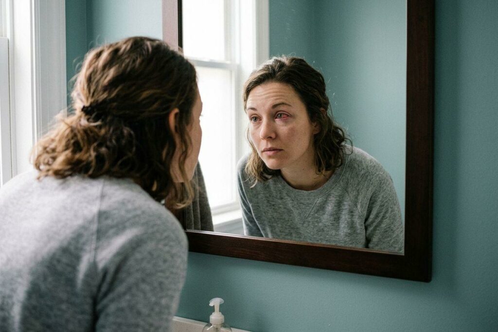 Person examining their pink, irritated eye in a mirror.
