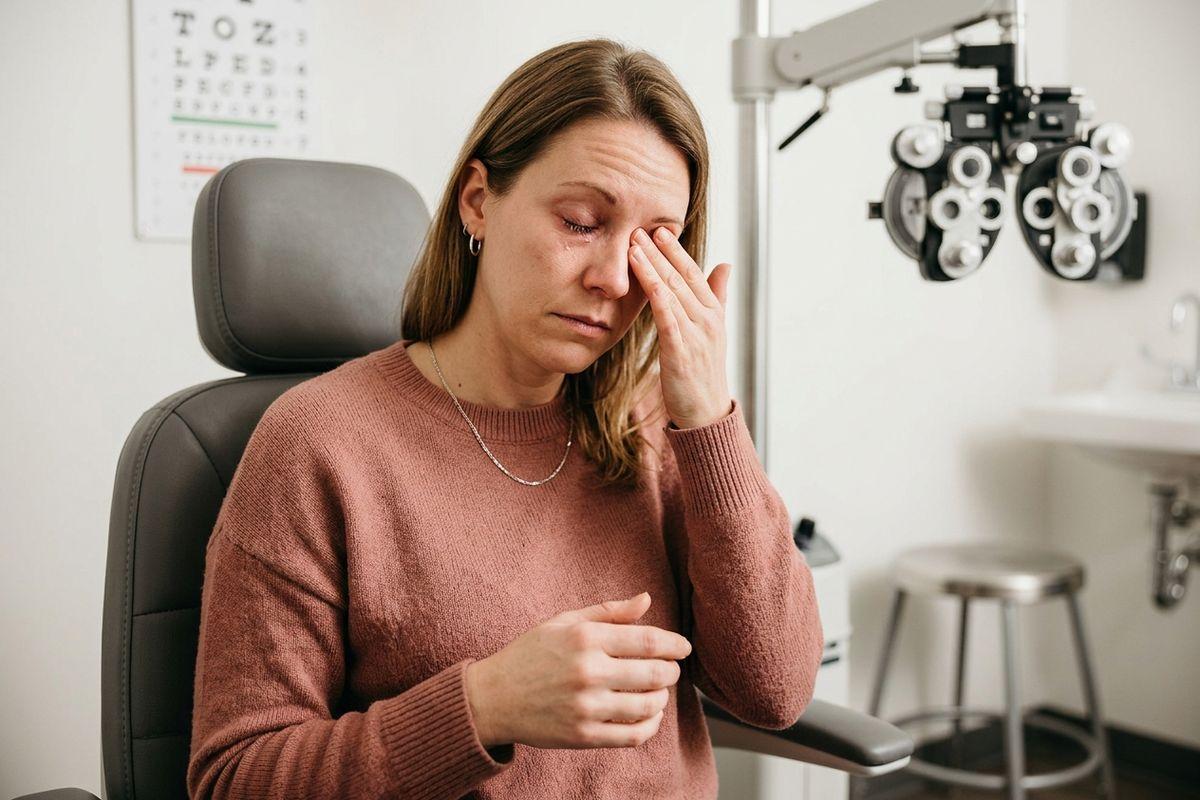 Person rubbing irritated red eyes, showing common symptoms of pink eye (conjunctivitis)