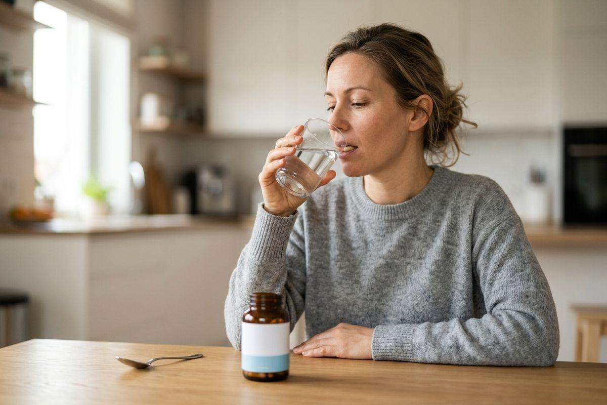 Person taking supplement capsules for face collagen support