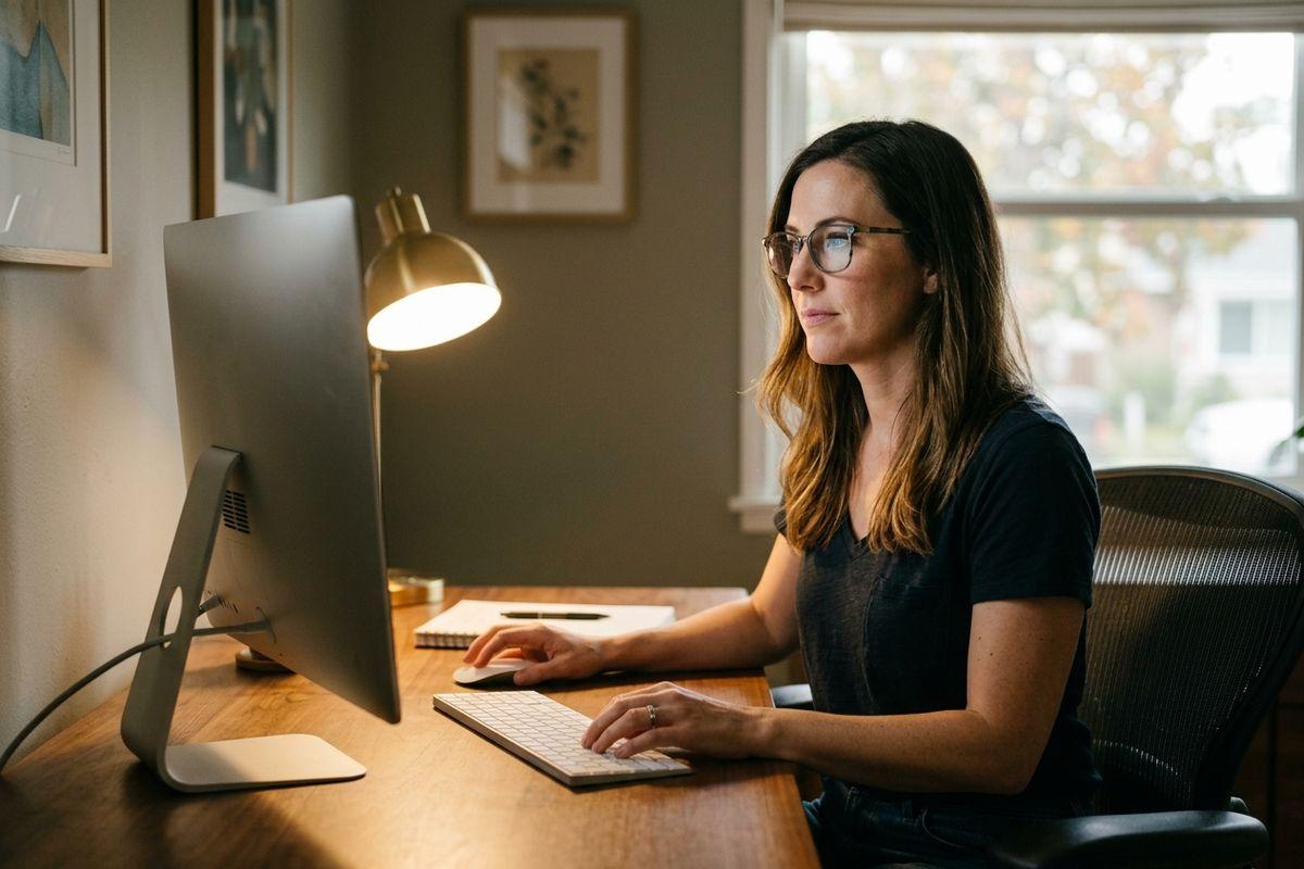 A focused adult wearing glasses sits at a wooden desk, looking at a computer monitor with hands on a keyboard and mouse.
