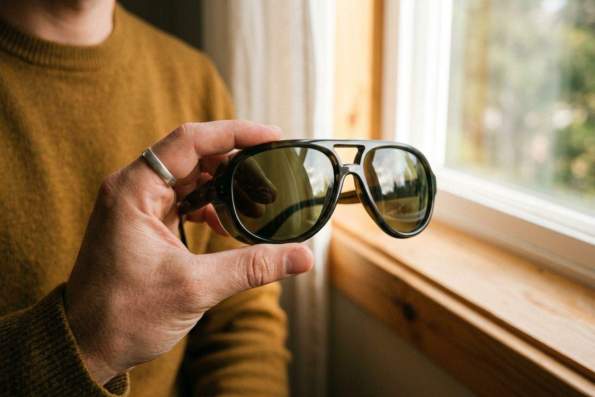 Hand wearing a silver ring holds dark aviator sunglasses near a window, person in a mustard sweater.
