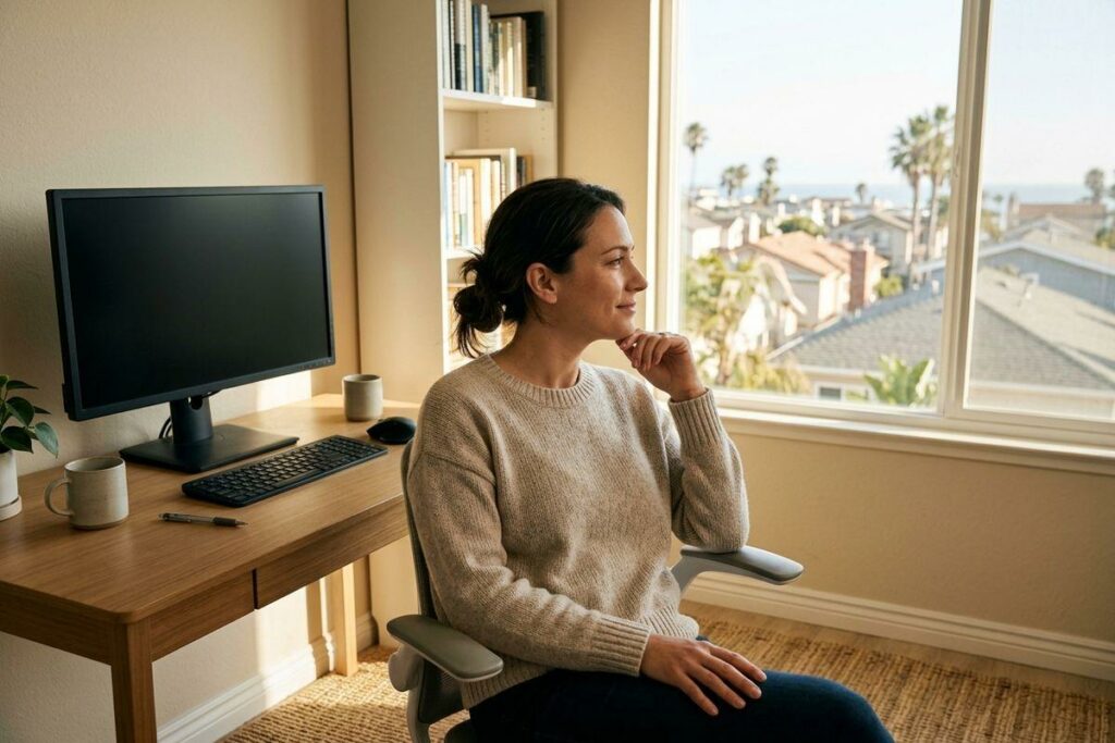 Person in a beige sweater sits at a home desk with monitor and keyboard, hand on chin, gazing out a window at rooftops and palm trees.