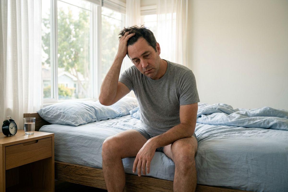 Adult sits on the edge of a bed with a hand in their hair, looking down; nightstand holds an alarm clock and glass of water.