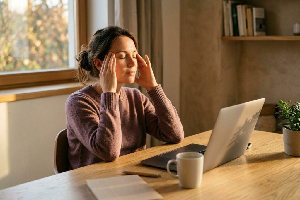 Person sitting at a wooden desk with a laptop and mug, eyes closed, pressing fingers to both temples in a sunlit room.